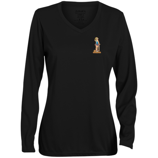 OPG Custom Design #28. Drive it. Chip it. One Putt golf it. Ladies' Moisture-Wicking Long Sleeve V-Neck Tee