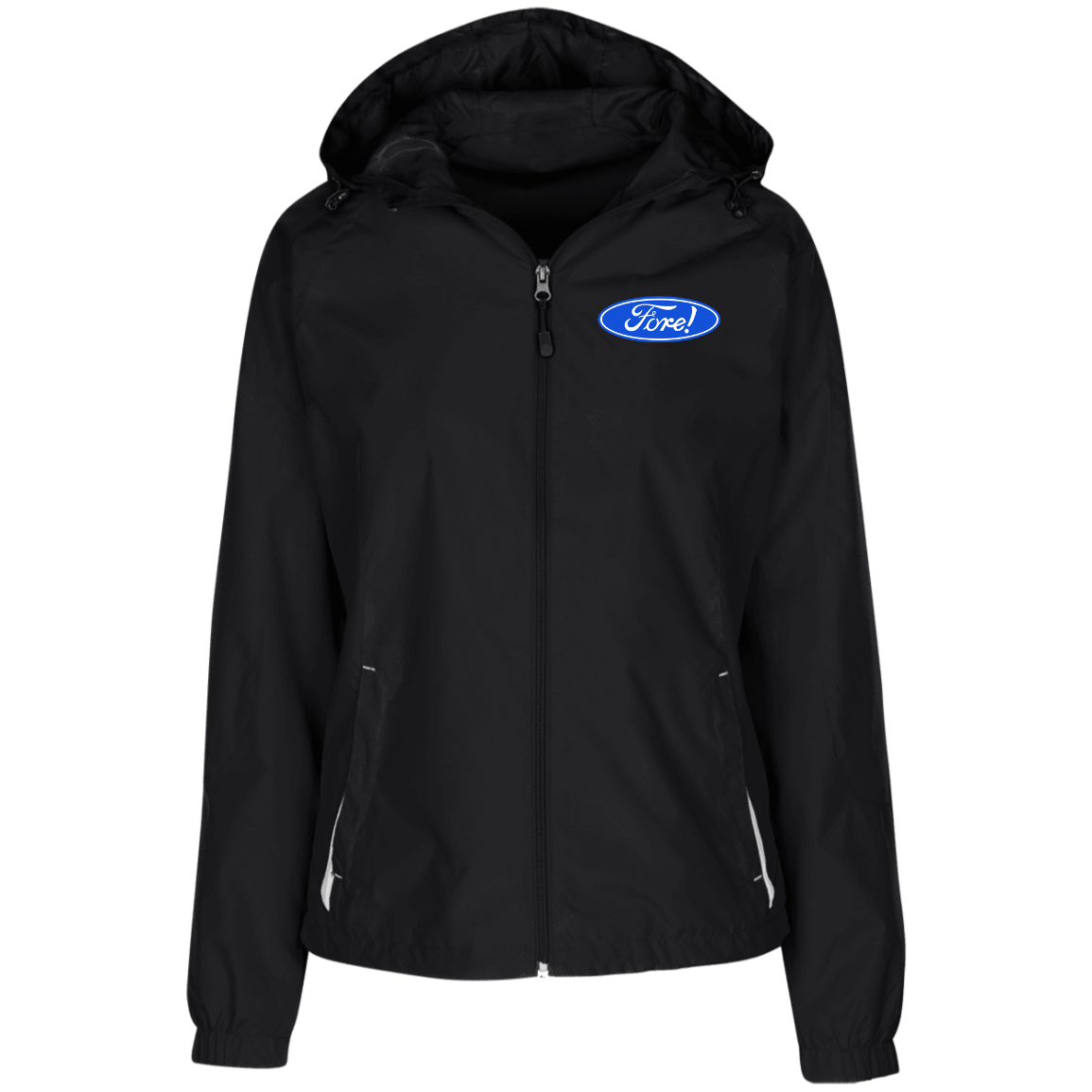 OPG Custom Design #11. Fore! Ford Parody. Ladies' Jersey-Lined Hooded Windbreaker