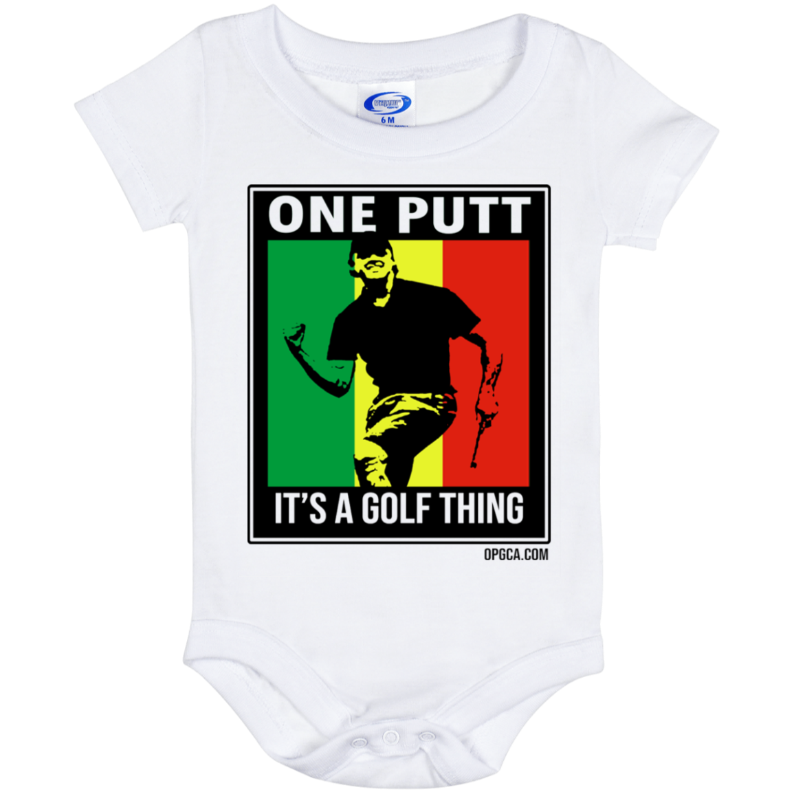 OPG Custom Design #22. One Putt. Bob Marley One Love Parody. Men's Edition. Baby Onesie 6 Month