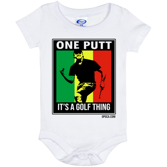 OPG Custom Design #22. One Putt. Bob Marley One Love Parody. Men's Edition. Baby Onesie 6 Month