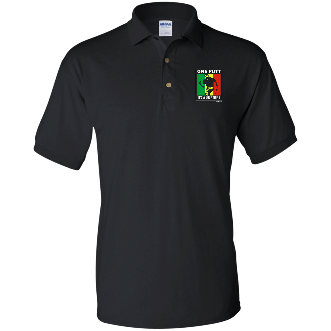 OPG Custom Design #22. One Putt / One Love Parody with Fan Art. Male Edition. Jersey Polo Shirt