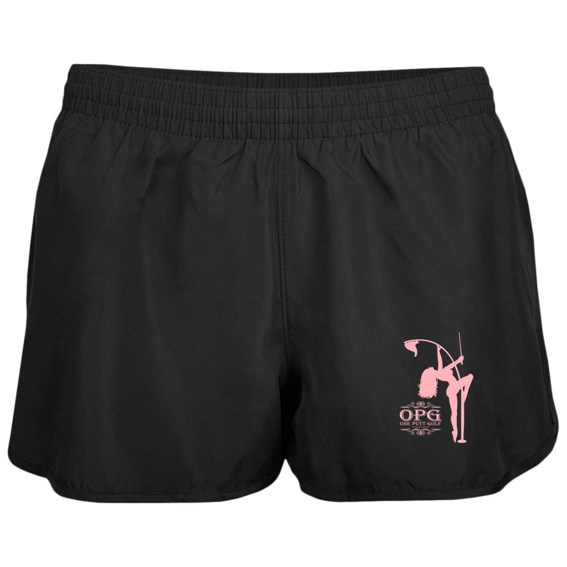 OPG Custom Design #10. Lady on Front / Flag Pole Dancer On Back. Ladies' Wayfarer Running Shorts