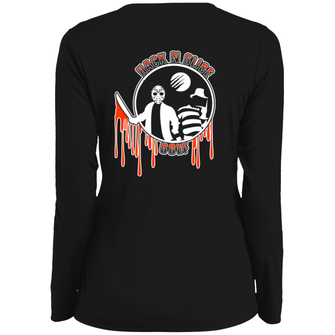 OPG Custom Design #23. Hack N Slice Golf. Freddy and Jason Fan Art. Ladies' Moisture-Wicking Long Sleeve V-Neck Tee