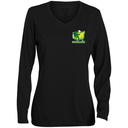 OPG Custom Design #26. Tiger Woods Fan Art. 2019 Master's Champion. Ladies' Moisture-Wicking Long Sleeve V-Neck Tee