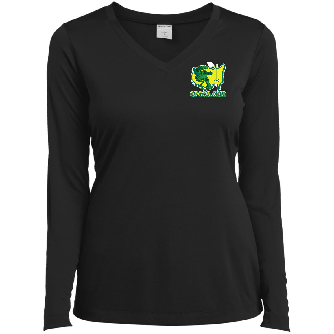 OPG Custom Design #26. Tiger Woods Fan Art. 2019 Master's Champion. Ladies’ Long Sleeve Performance V-Neck Tee