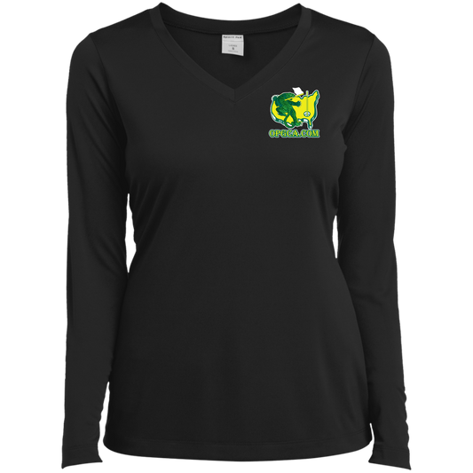 OPG Custom Design #26. Tiger Woods Fan Art. 2019 Master's Champion. Ladies’ Long Sleeve Performance V-Neck Tee