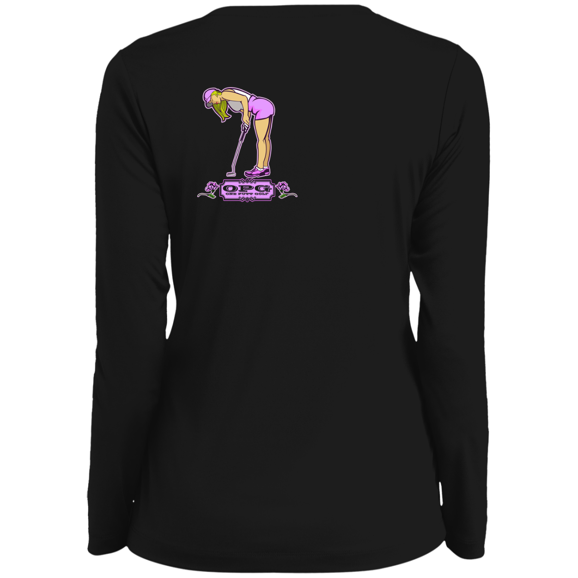 OPG Custom Design #13. Drive it. Chip it. One Putt Golf it. Ladies' Moisture-Wicking Long Sleeve V-Neck Tee